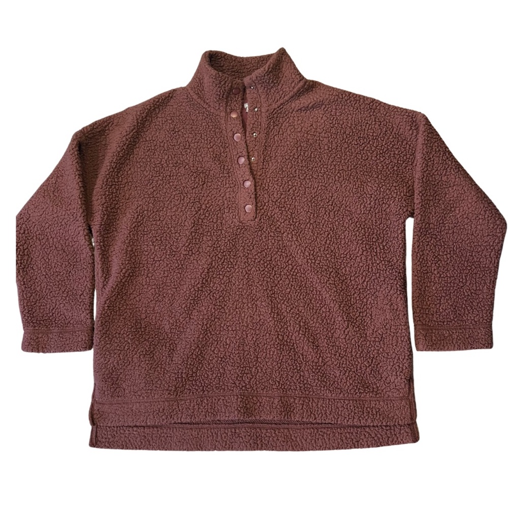 Aerie Sherpa Brown Maroon Button Up Cozy Pullover Size Large